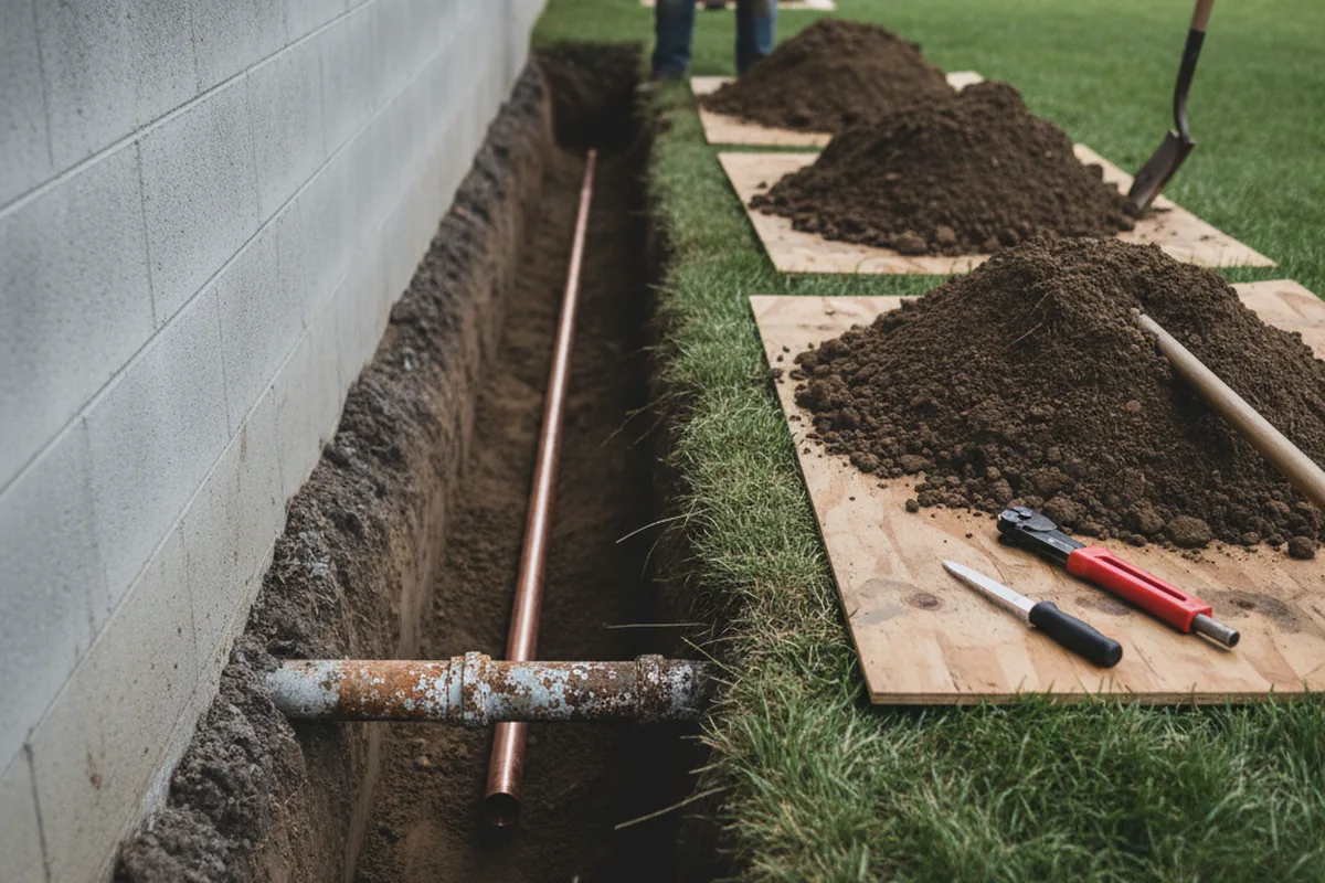 Excavated water line trench during Water Softener Installation in Madbury
